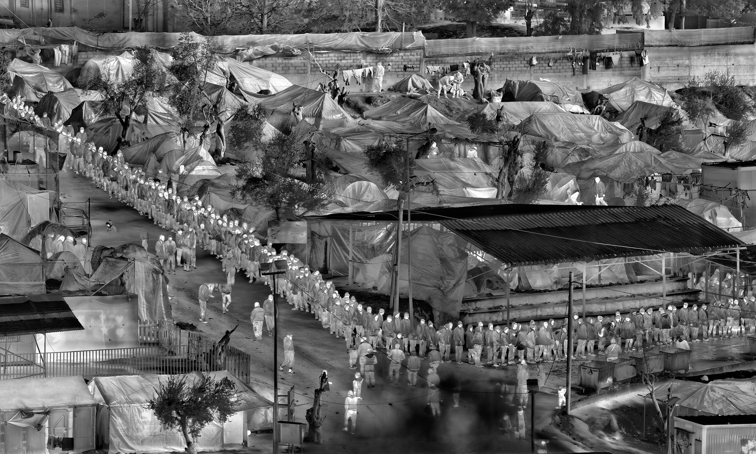 Richard Mosse, Detail from <em>Moria in Snow</em>, Lesbos, Greece, 2017, digital C print on metallic paper, 35.5 x 120 inches